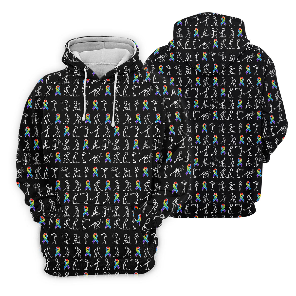 Rainbow Cancer Ribbon Stick Figure Golf Pattern Shirt, Printed Golf Shirts, Polo Shirts For Men