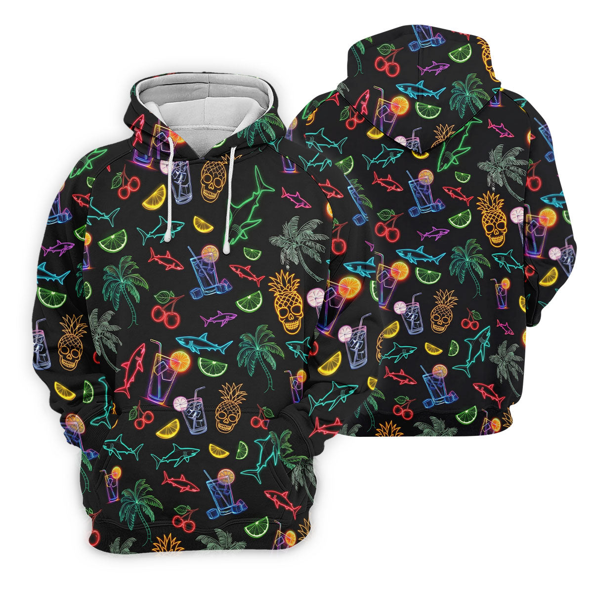 Neon Shark And Cocktail Pattern Hawaiian Golf Shirt, Men's Golf Shirt, Polo Shirts For Men