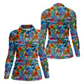 Blue Tropical Skeleton Surfer Pattern Golf Polo Shirt, Golf Shirts For Women, Women's Golf Polo