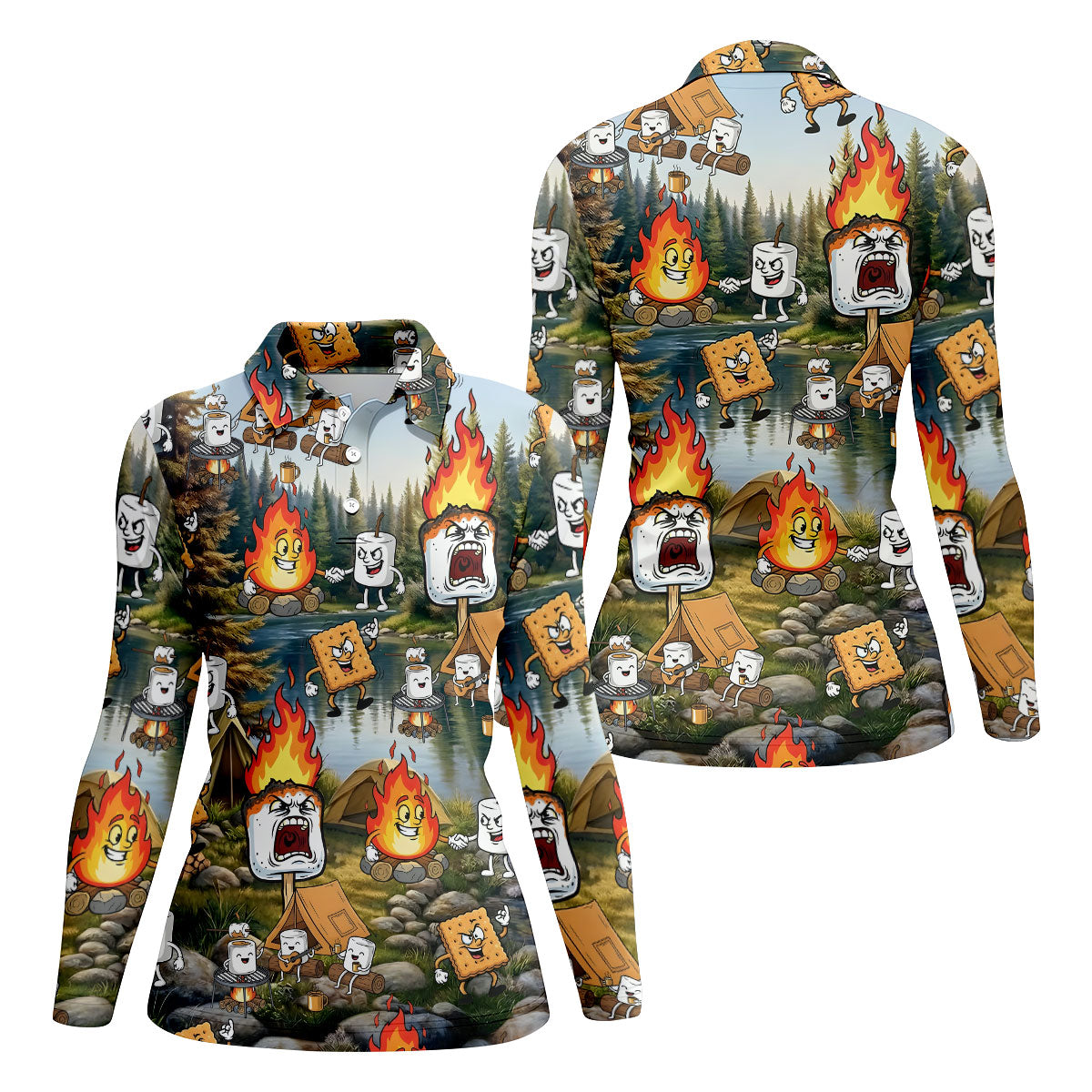 Cartoon Marshmallow, Graham Cracker and Campfire Characters Lake Camping Hawaiian Golf Polo, Golf Tops For Women, Golfing Apparel