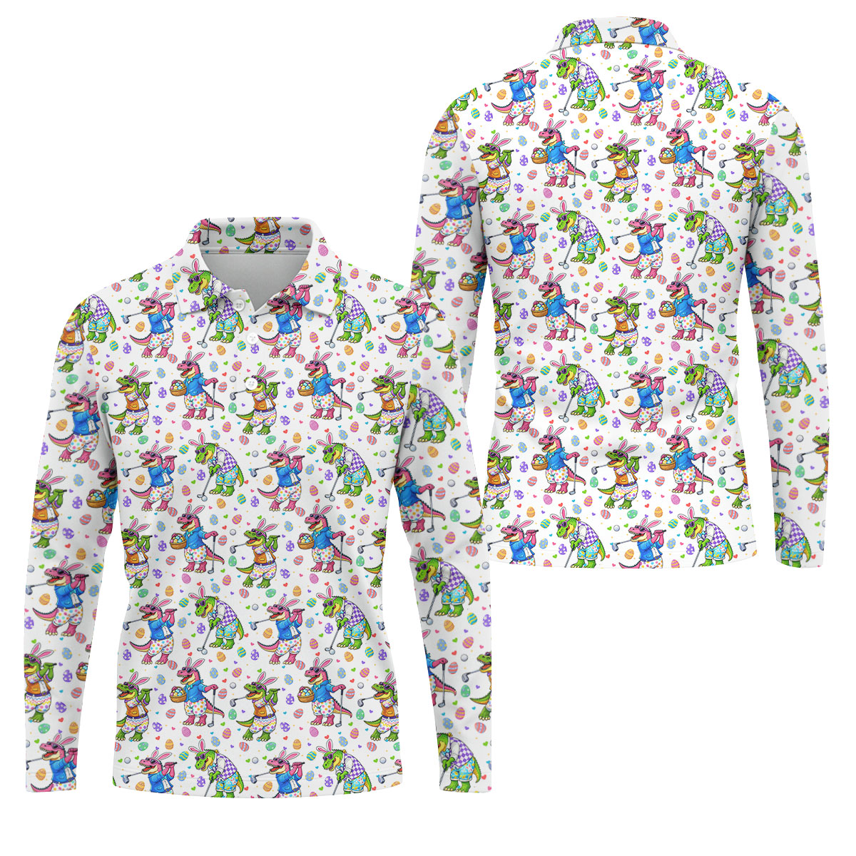 Easter Dinosaur Gradient Pattern Men's Funny Golf Shirts, Golf Shirts For Men, Polo Shirts For Men