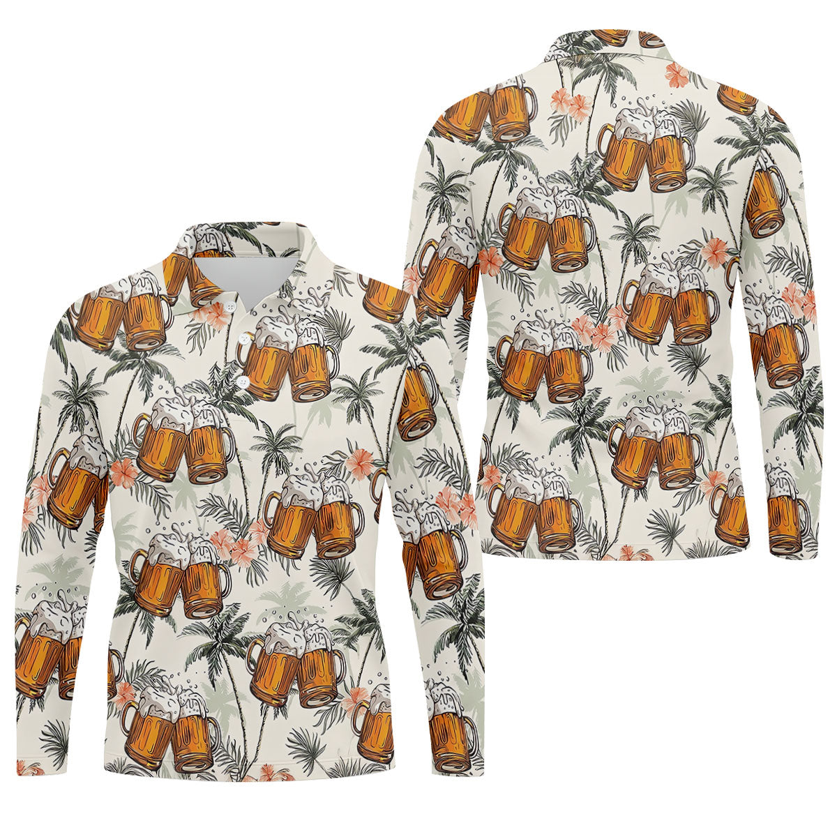 Tropical Palm Trees and Frosty Beer Mug Hawaiian Golf Polo, Golf Tops For Men, Golfing Apparel