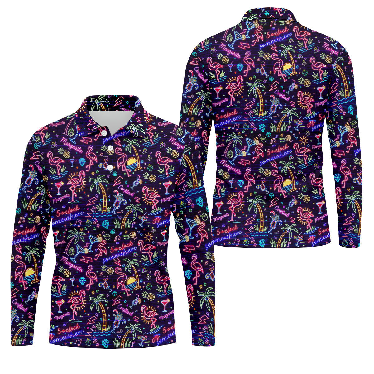 Tropical Theme Neon Pattern Black Golf Shirt, Men's Funny Golf Shirts, Polo Shirts For Men