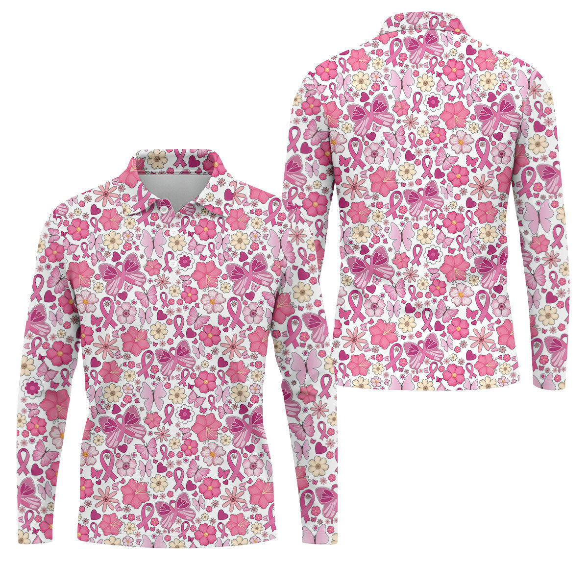 Breast Cancer Pink Ribbon Floral Golf Shirt, Cancer Awareness Shirt, Polo Shirts For Men, Golfing Apparel