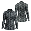 Skull Damask Charcoal Grey Gothic Floral Women Golf Top, Ladies Golf Shirts, Golf Shirt For Women