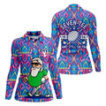 Colorful Psychedelic Santa Golfer Print Women's Golf Tops, Women’s Golf Apparel, Golf Polo For Women