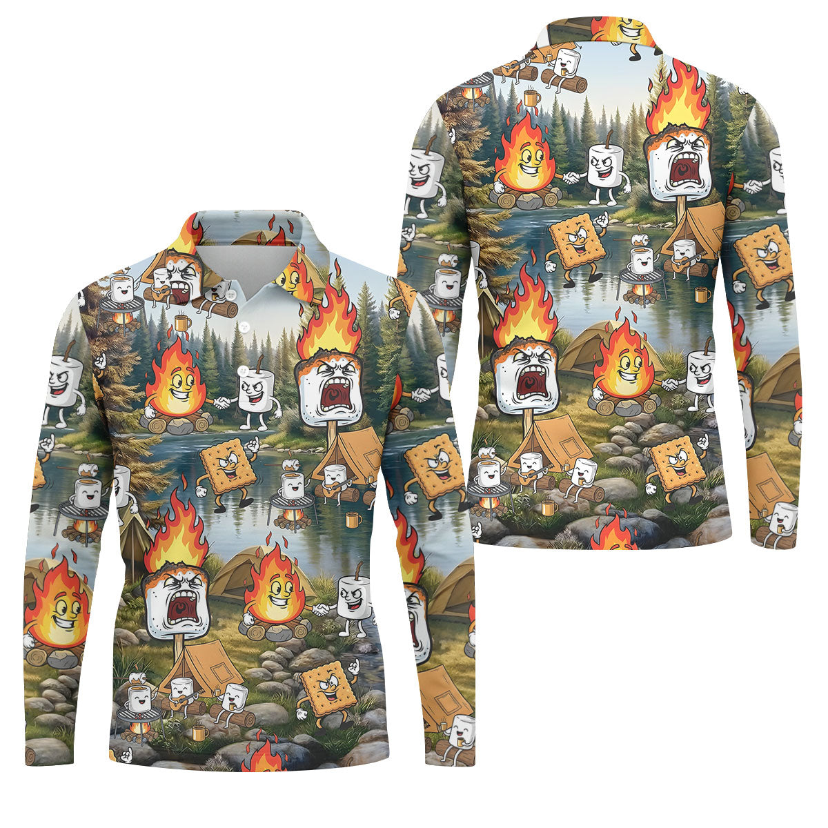 Cartoon Marshmallow, Graham Cracker and Campfire Characters Lake Camping Hawaiian Golf Polo, Golf Tops For Men, Golfing Apparel