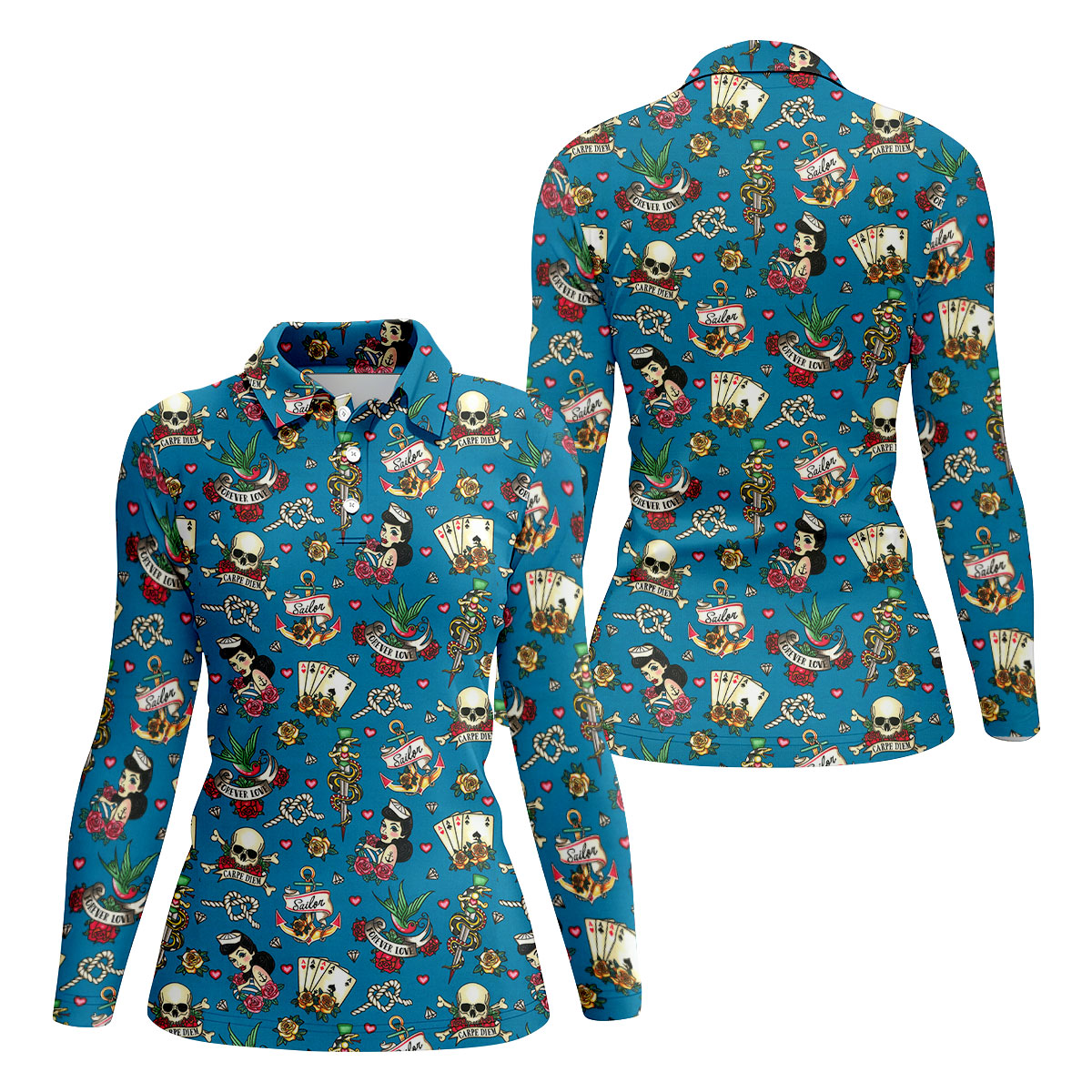 Tattoo Blue Sailor Tattoo Flash Pattern Hawaiian Golf Shirt, Women's Golf Tops, Ladies Golf Shirts