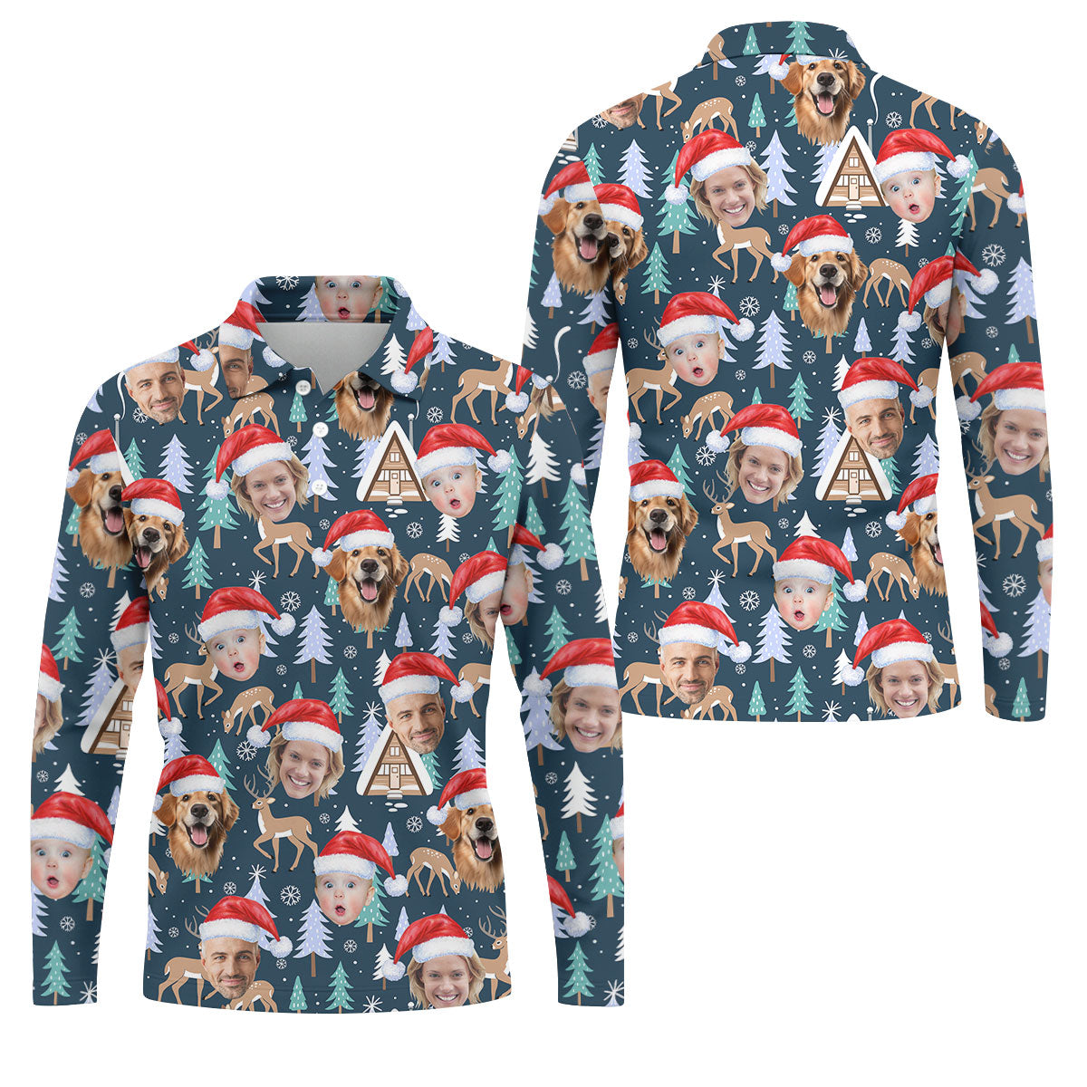 Custom Face Pine Tree Reindeer Dark Teal Green Christmas Golf Shirt, Golf Shirts For Men, Golf Gift For Men