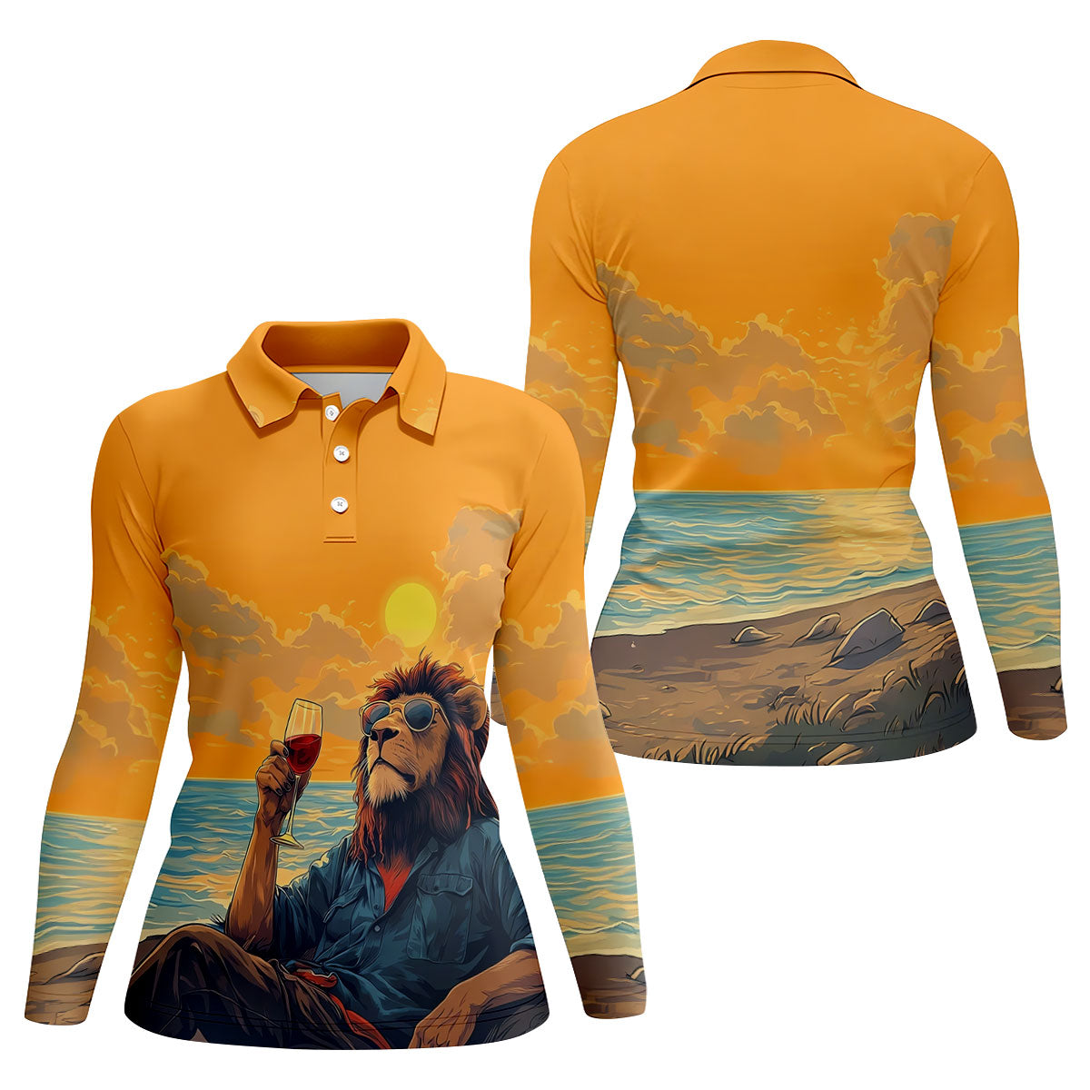 Lion Gentleman Sunset Reserve Hawaiian Golf Shirt, Women's Golf Tops, Ladies Golf Shirts