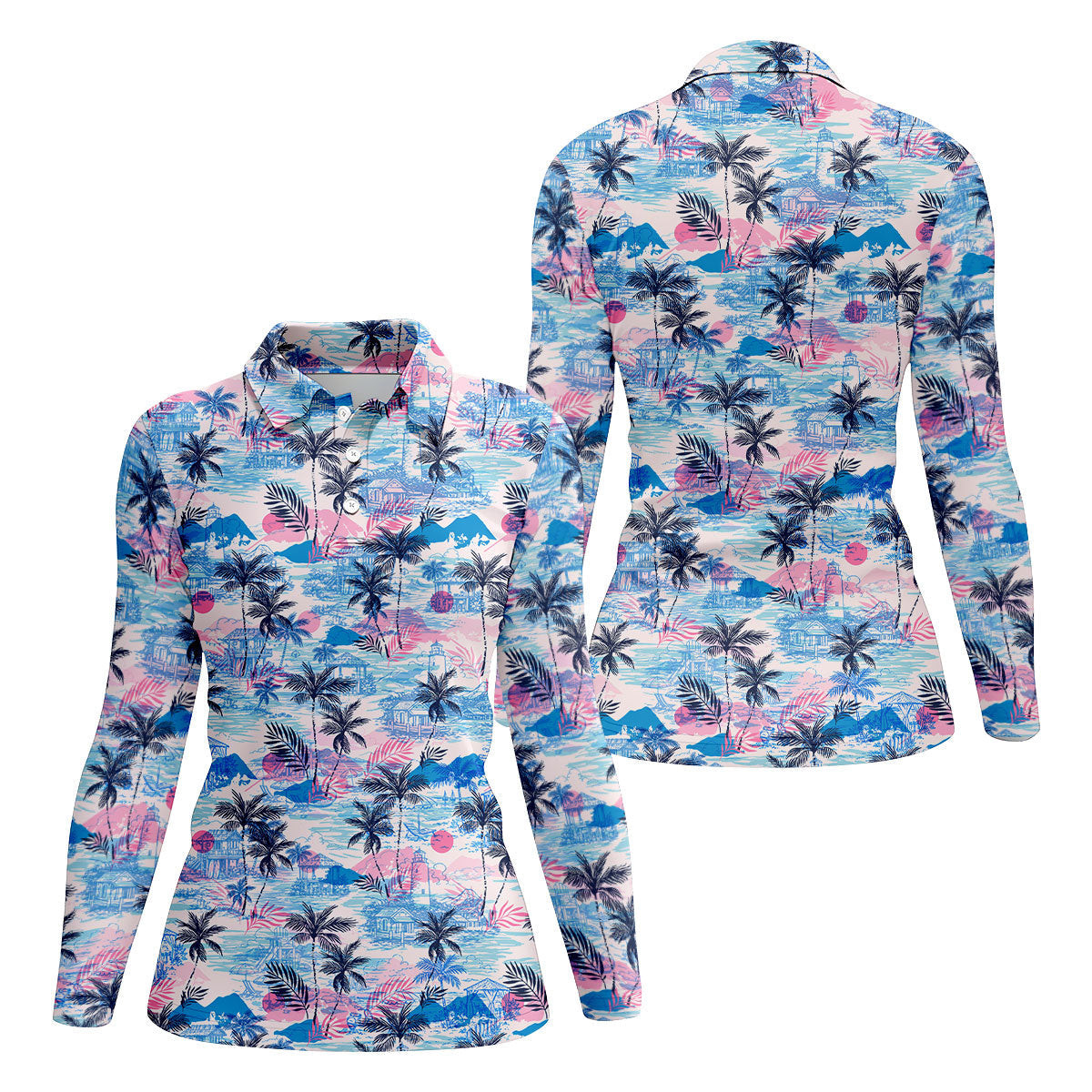 Tropical Island Sunset Pink And Blue Hawaiian Golf Shirt, Golf Shirt For Women, Golfing Apparel