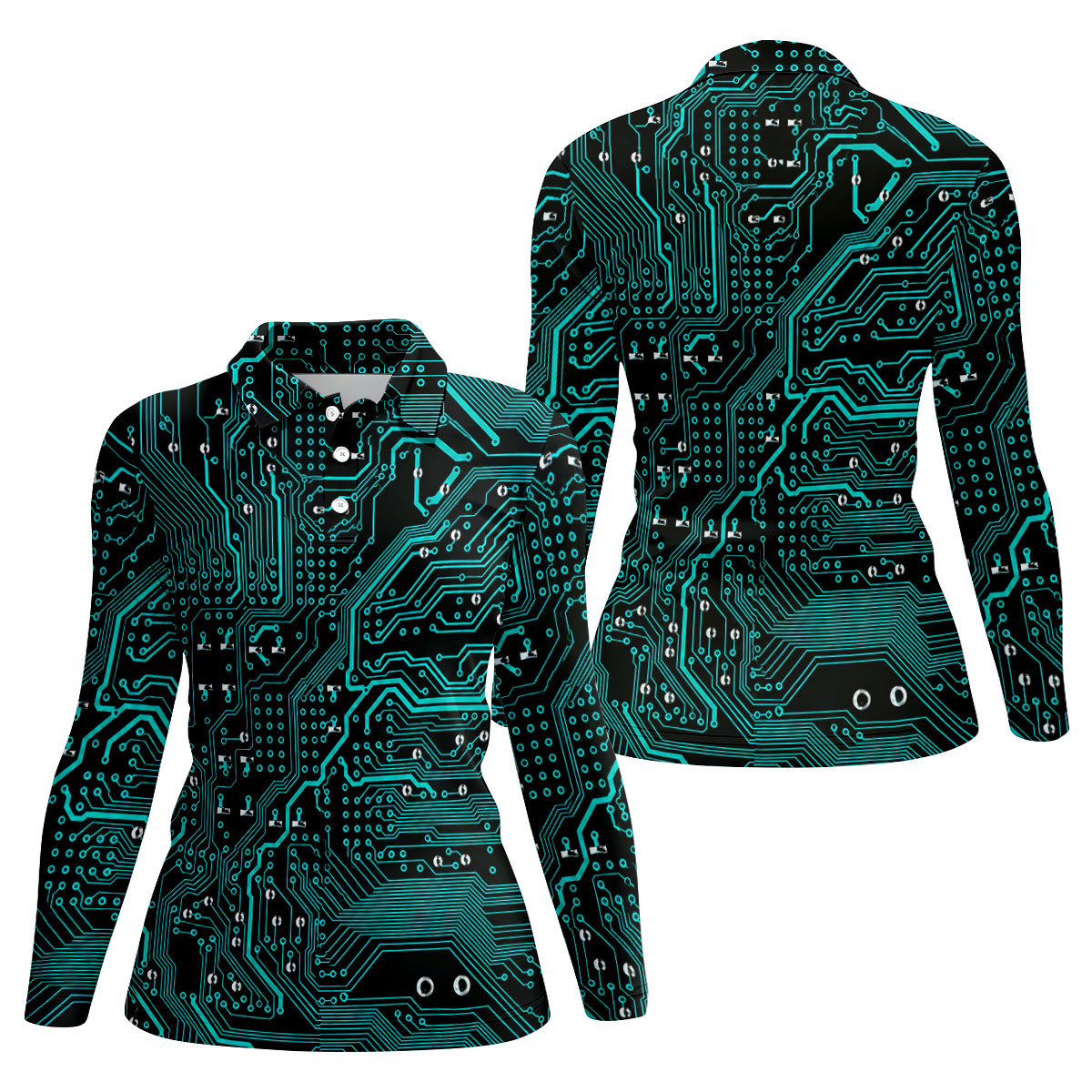 Circuit Board Pattern Hawaiian Golf Shirt, Women's Golf Tops, Ladies Golf Shirts