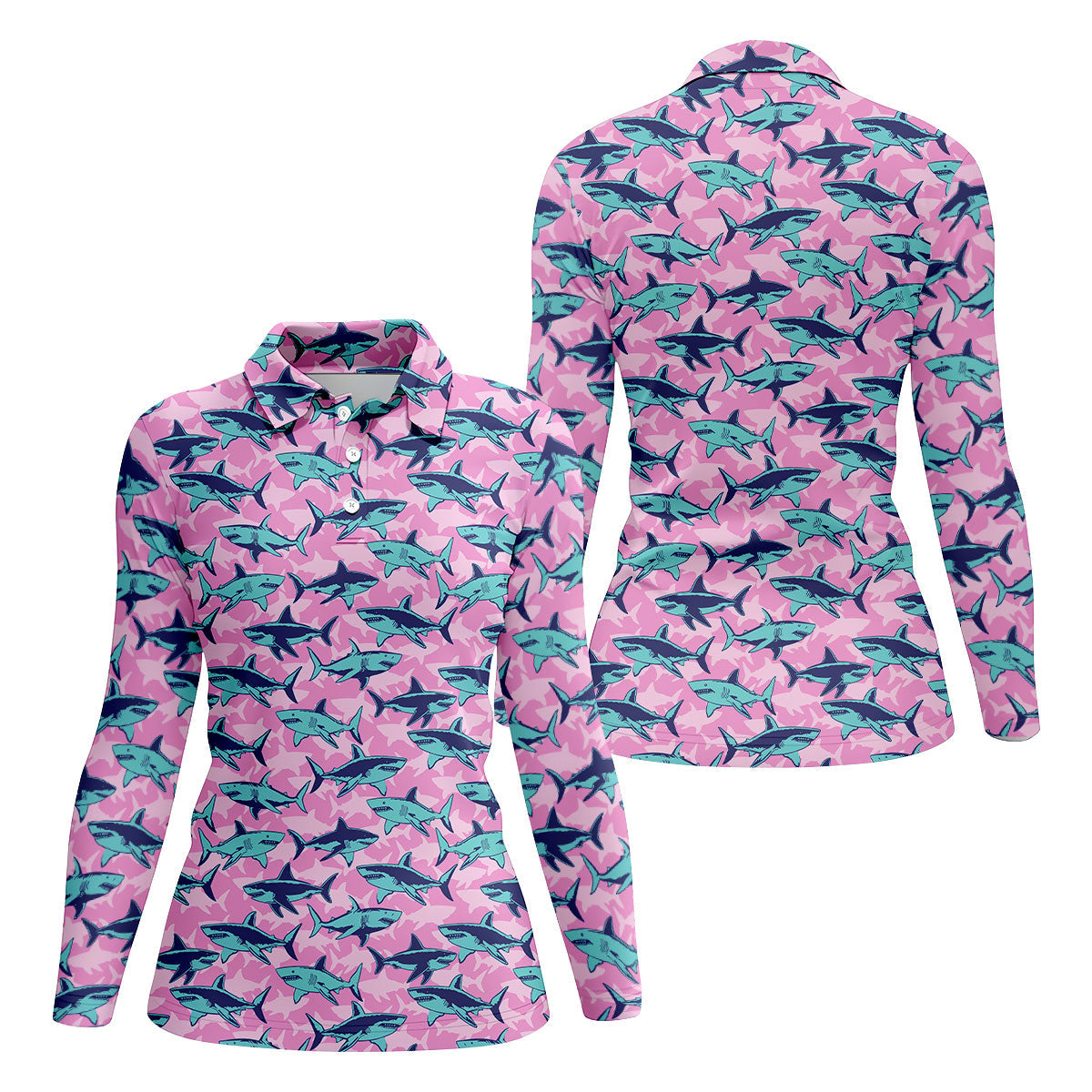 Shark Pattern Hawaiian Golf Shirt, Pink Golf Shirt, Golf Shirt For Women, Golfing Apparel