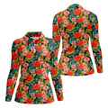 Red Hibicus Gold Palm Leaf Hawaiian Golf Shirt, Summer Theme Golf Shirt For Women