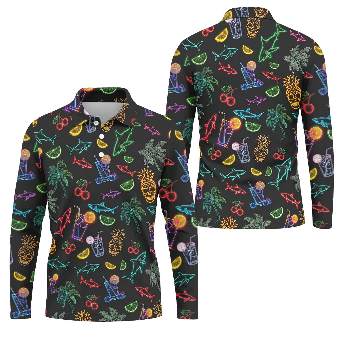 Neon Shark And Cocktail Pattern Hawaiian Golf Shirt, Men's Golf Shirt, Polo Shirts For Men