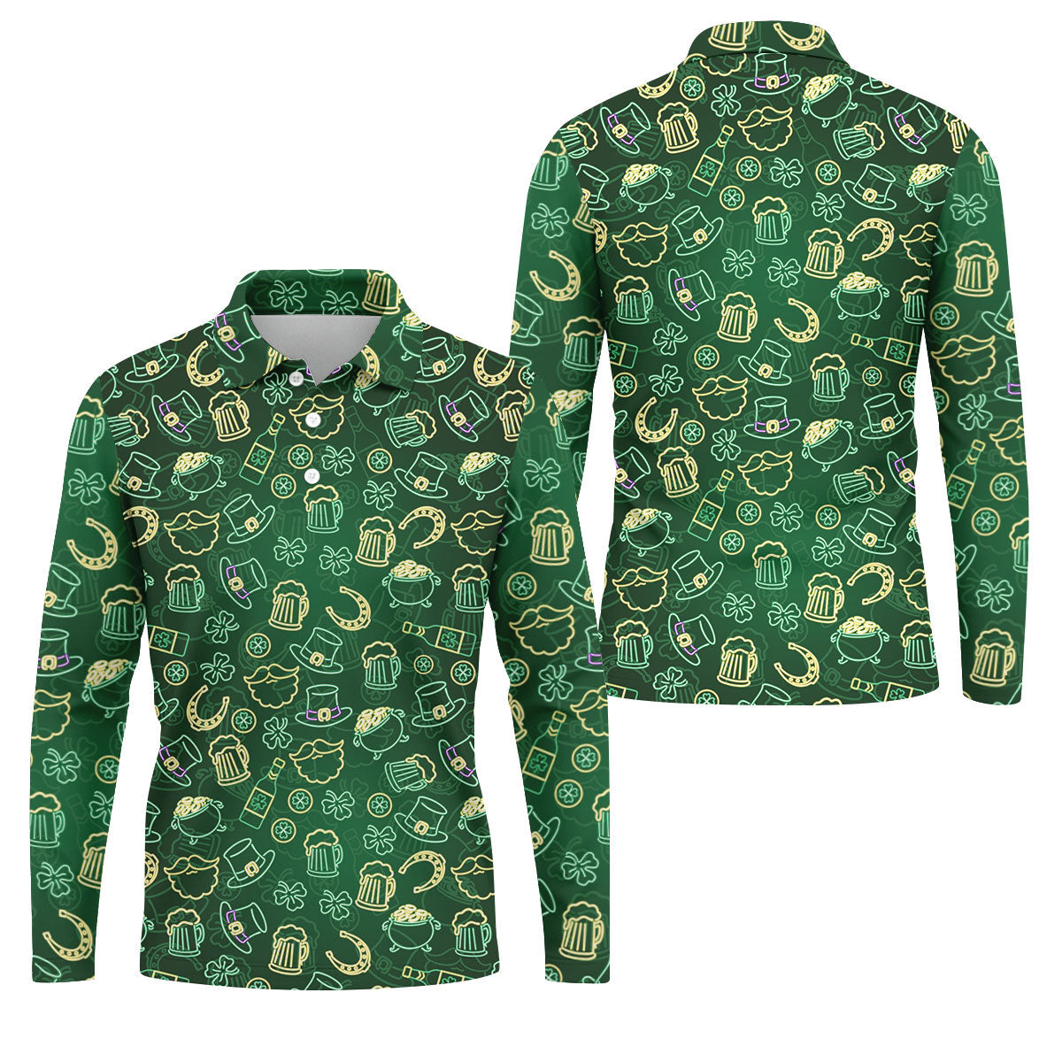 Beer Shamrock Neon Pattern St Patrick's Day Golf Shirt, Golf Tops For Men, Golf Shirts For Men