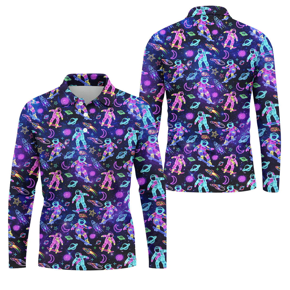 Neon Astronaut Skateboarding Galaxy Polo Shirt, Mens Golf Shirts, Golf Polo Shirts For Men, Printed Golf Shirts