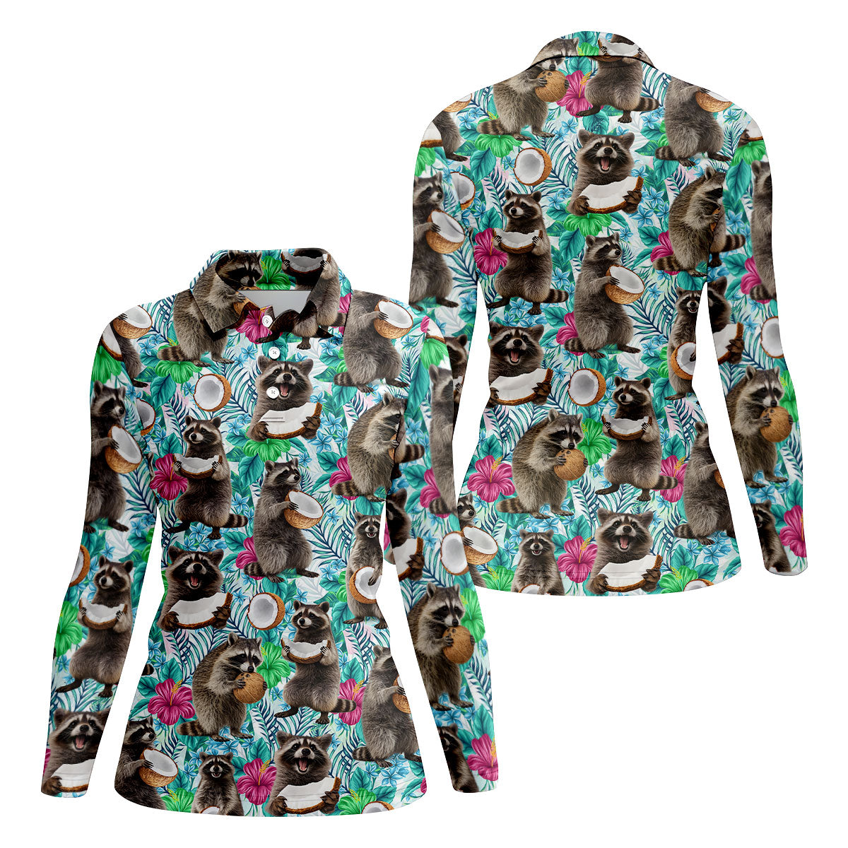 Funny Raccoons Enjoying Coconuts Design Hawaiian Golf Polo, Golf Tops For Women, Golfing Apparel