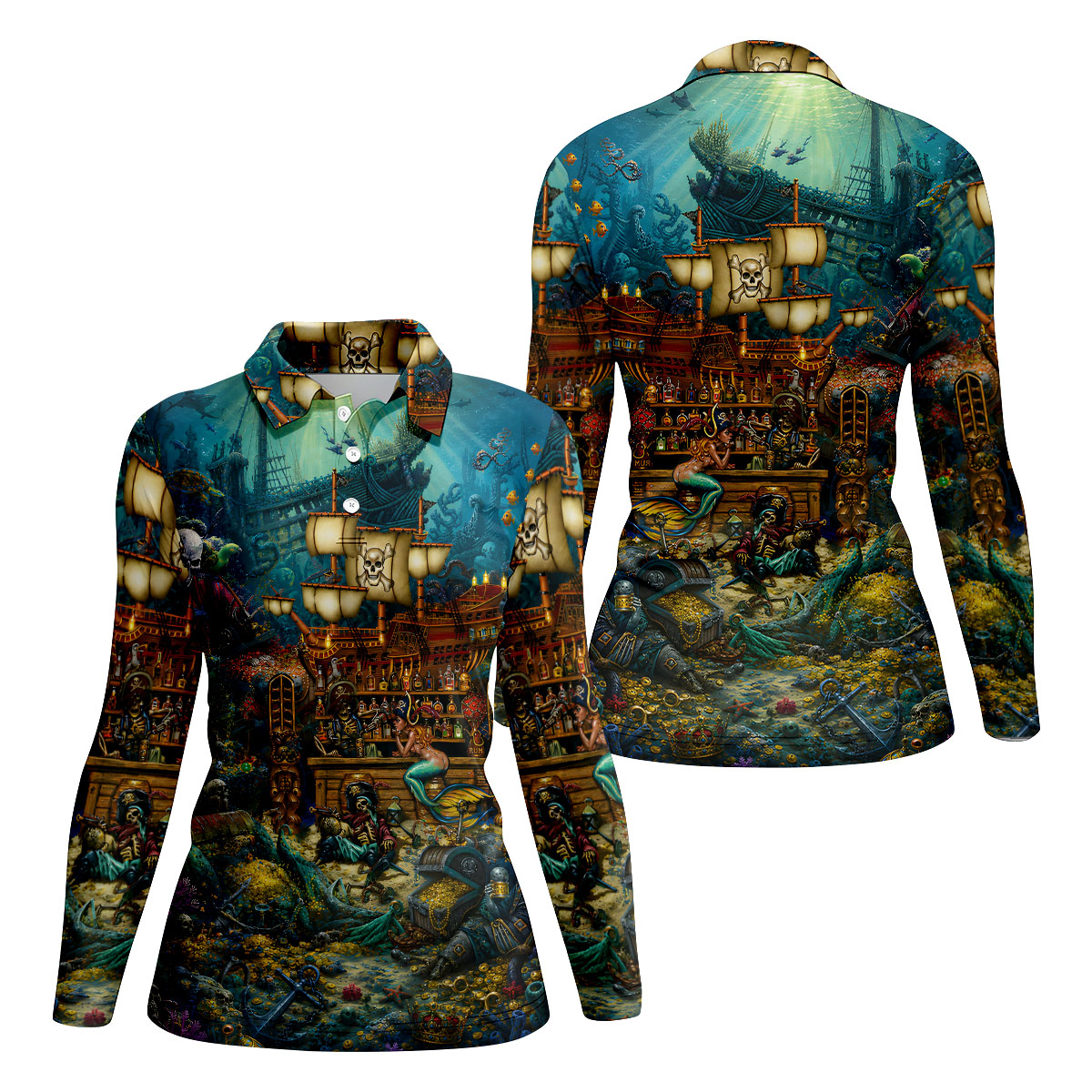 Pirate Life Tiki Pattern Hawaiian Golf Shirt, Women's Golf Tops, Ladies Golf Shirts
