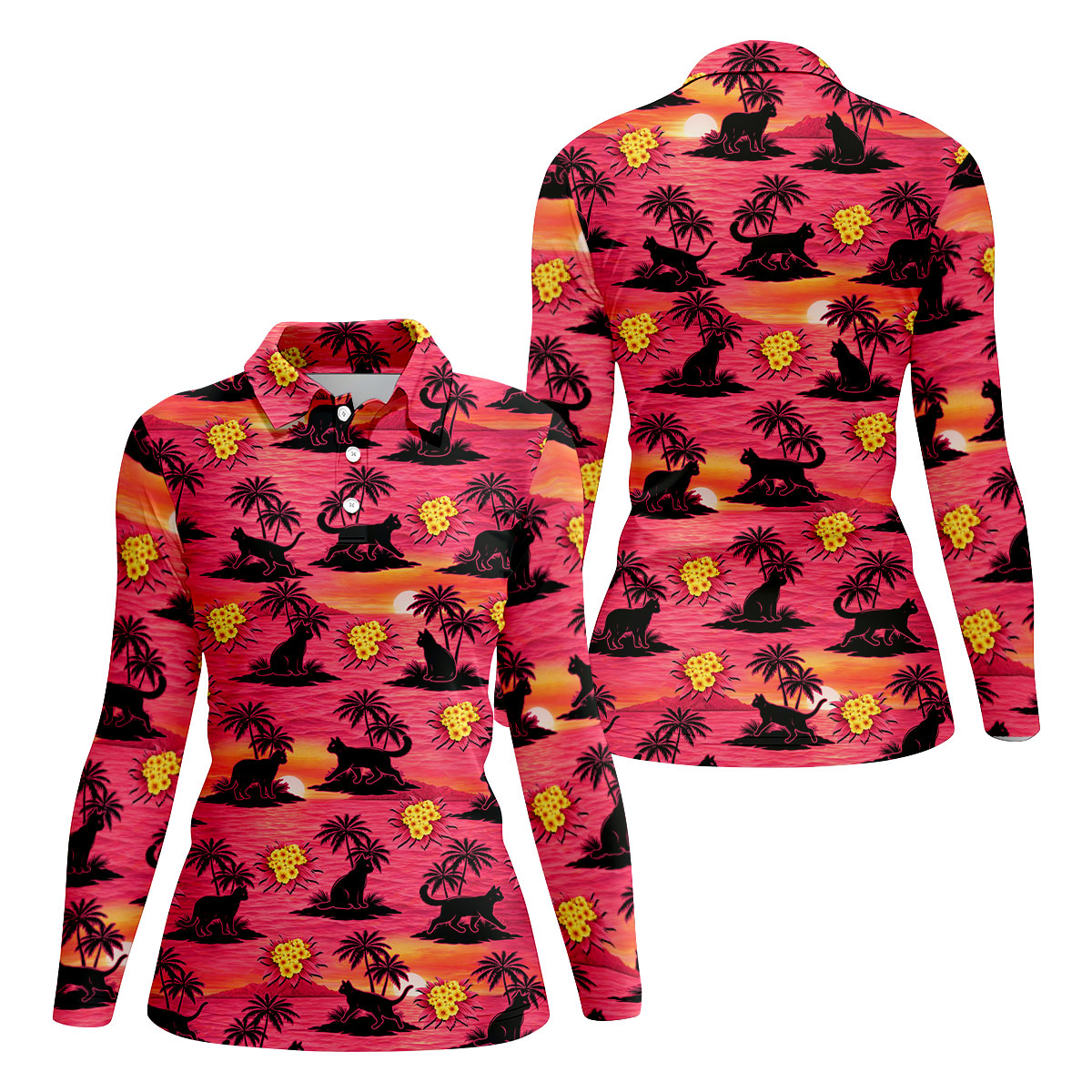 Tropical Cat Sunset Pattern Hawaiian Golf Polo, Golf Tops For Women, Golfing Apparel