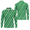 Green And White Lucky Four Leaf Clover Argyle Pattern St Patrick's Day Golf Shirt, Polo Shirts For Men
