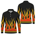 Black Orange Yellow Flame Sleeve Golf Shirt, Mens Golf Polo, Printed Golf Shirts
