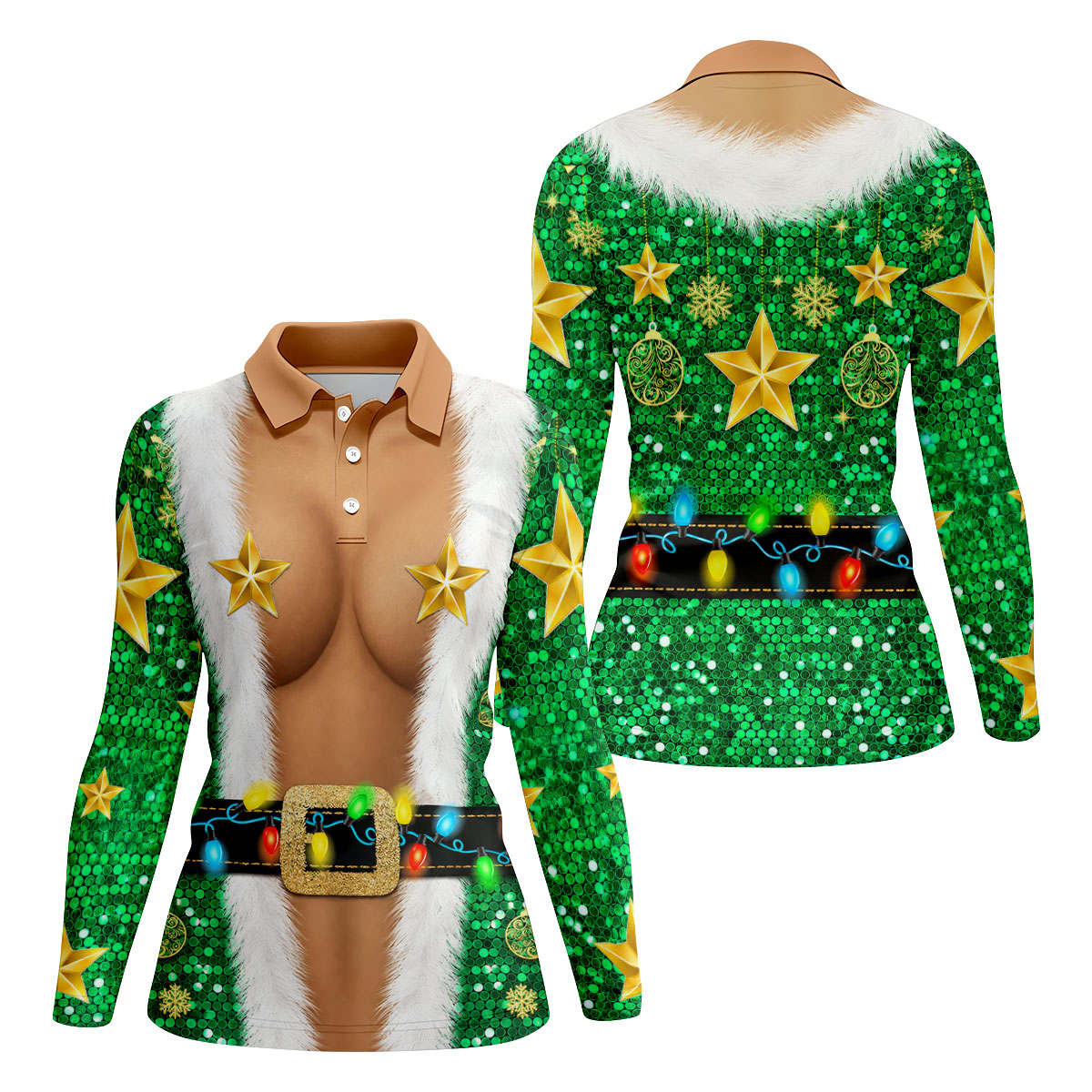 Green Santa Gold Stars Christmas Golf Shirt, Ladies Golf Shirt, Women’s Golf Apparel