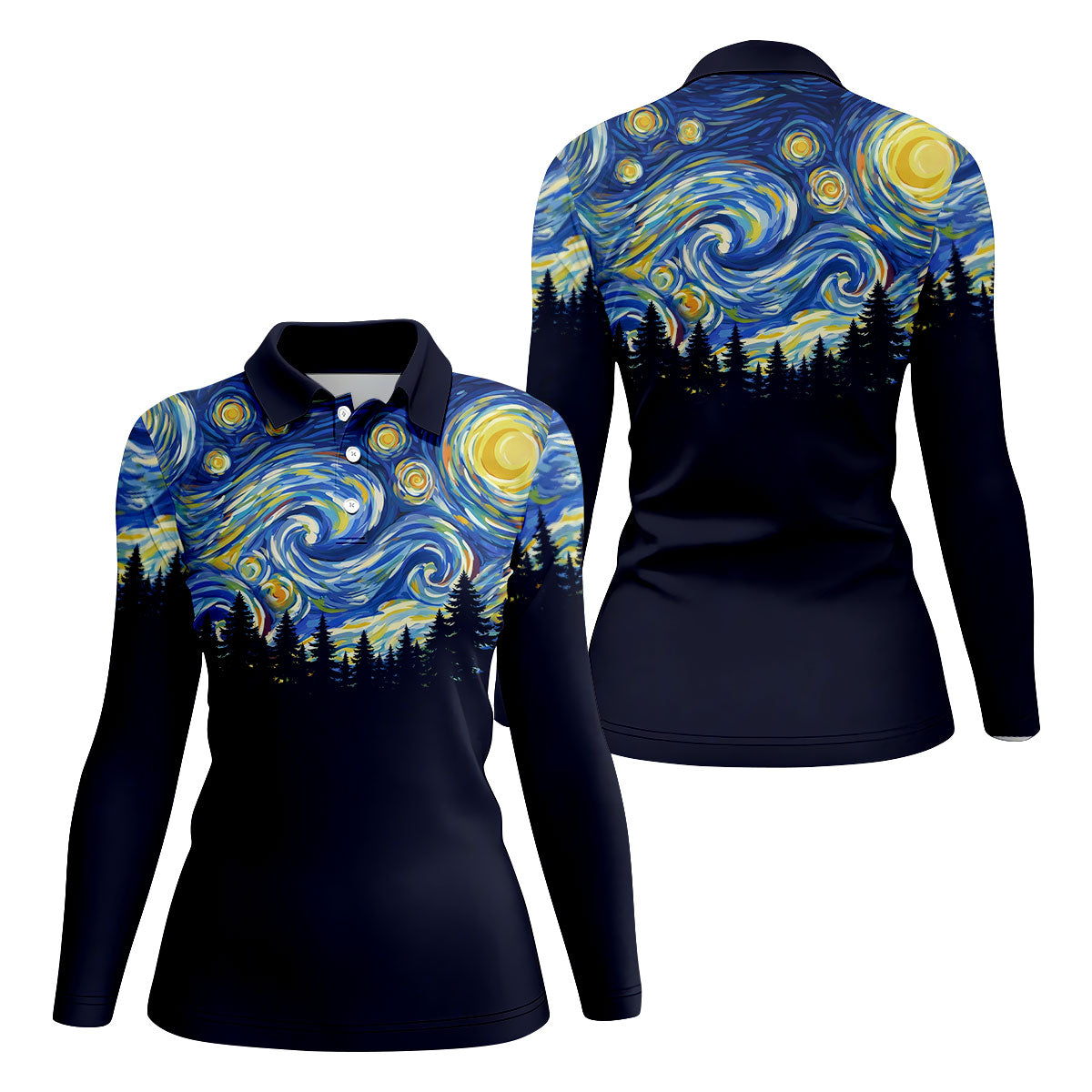 Van Gogh Inspired Starry Night Forest Hawaiian Golf Polo, Golf Tops For Women, Golfing Apparel