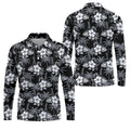 White Hibicus Black Hawaiian Golf Shirt, Tropical Summer Theme Golf Shirts For Men