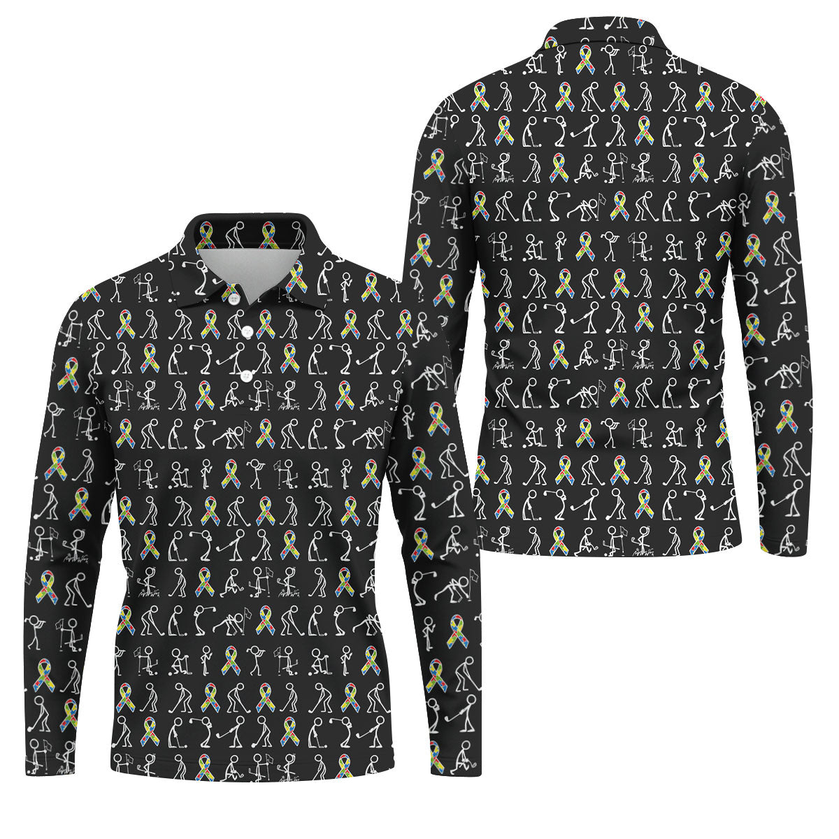 Stick Figure Golf Pose Autism Ribbon Black Golf Shirt, Autism Awareness Colors Golf Shirts For Men