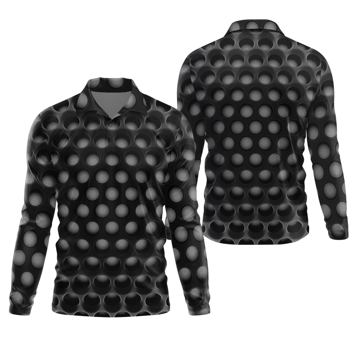 3D Effect Circular Pattern Black Golf Shirt, Cool Golf Outfit, Men's Funny Golf Shirts, Polo Shirts For Men