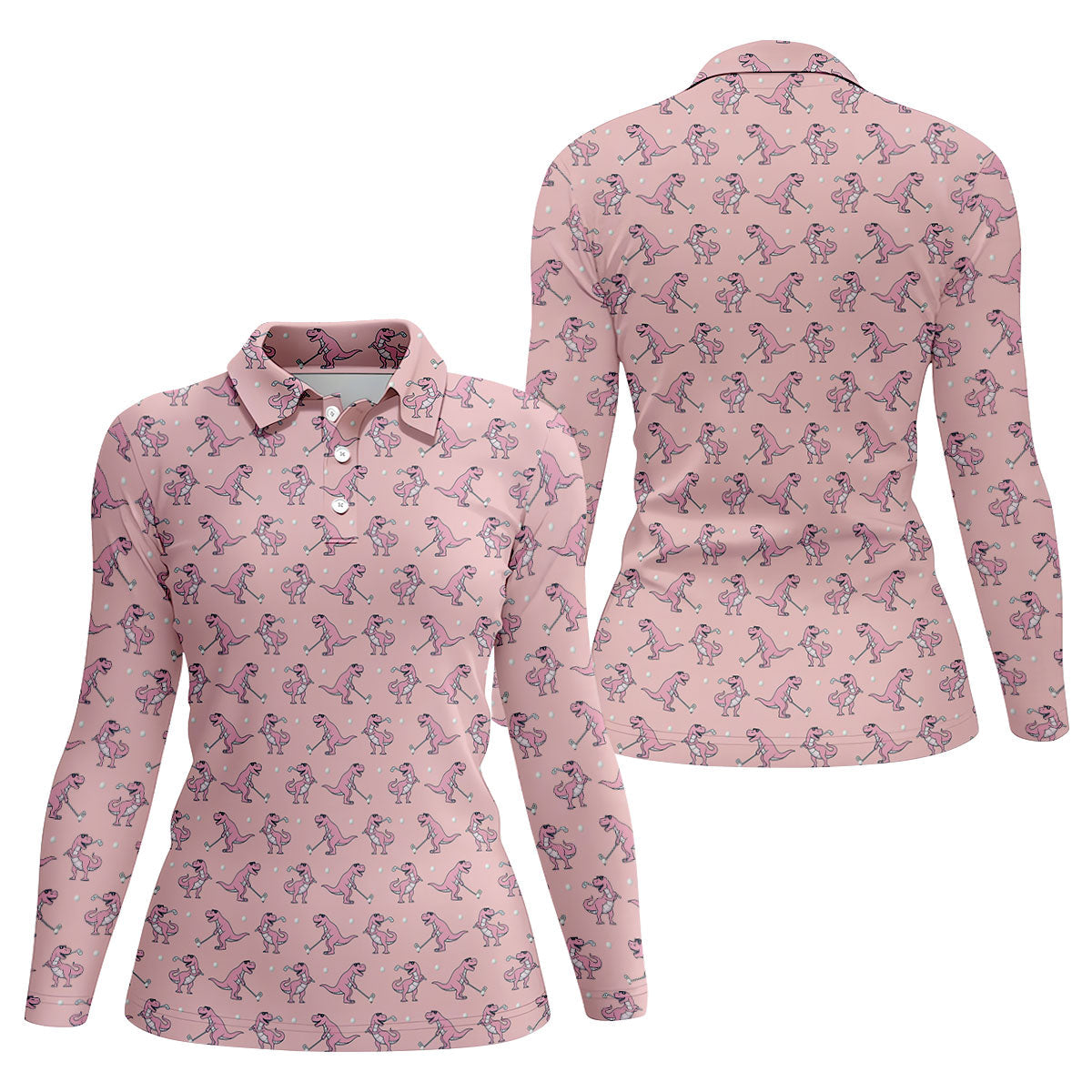 Pink T-Rex Dinosaur Golfer Pattern Golf Polo Shirt, Golf Tops For Women, Ladies Golf Top