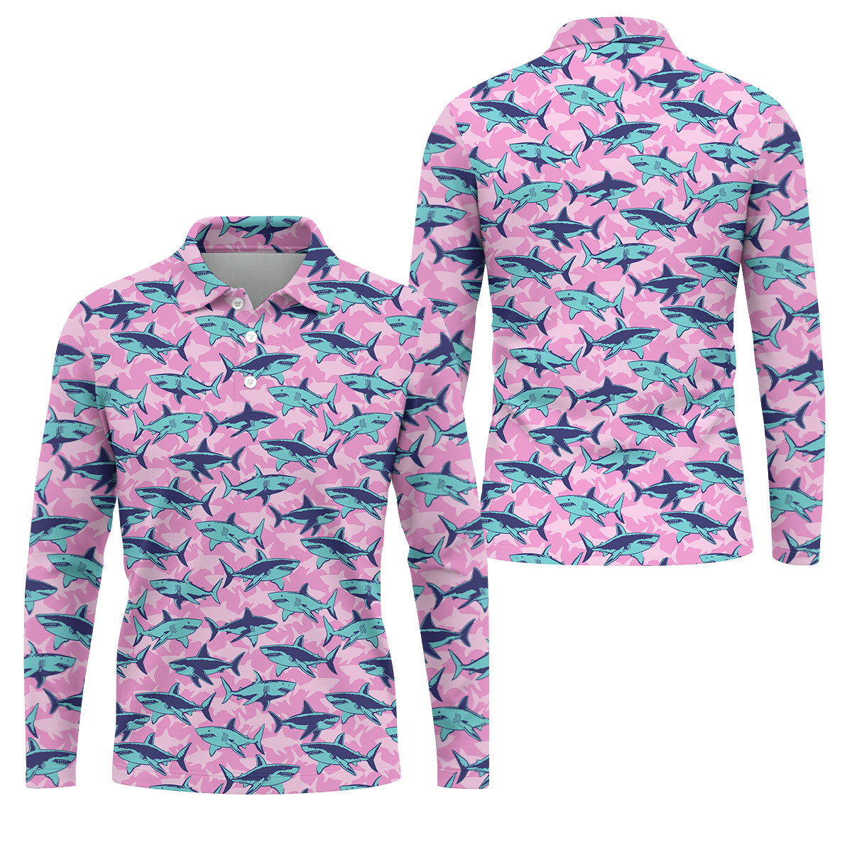 Shark Pattern Hawaiian Golf Shirt, Pink Golf Shirt, Polo Shirts For Men, Golfing Apparel