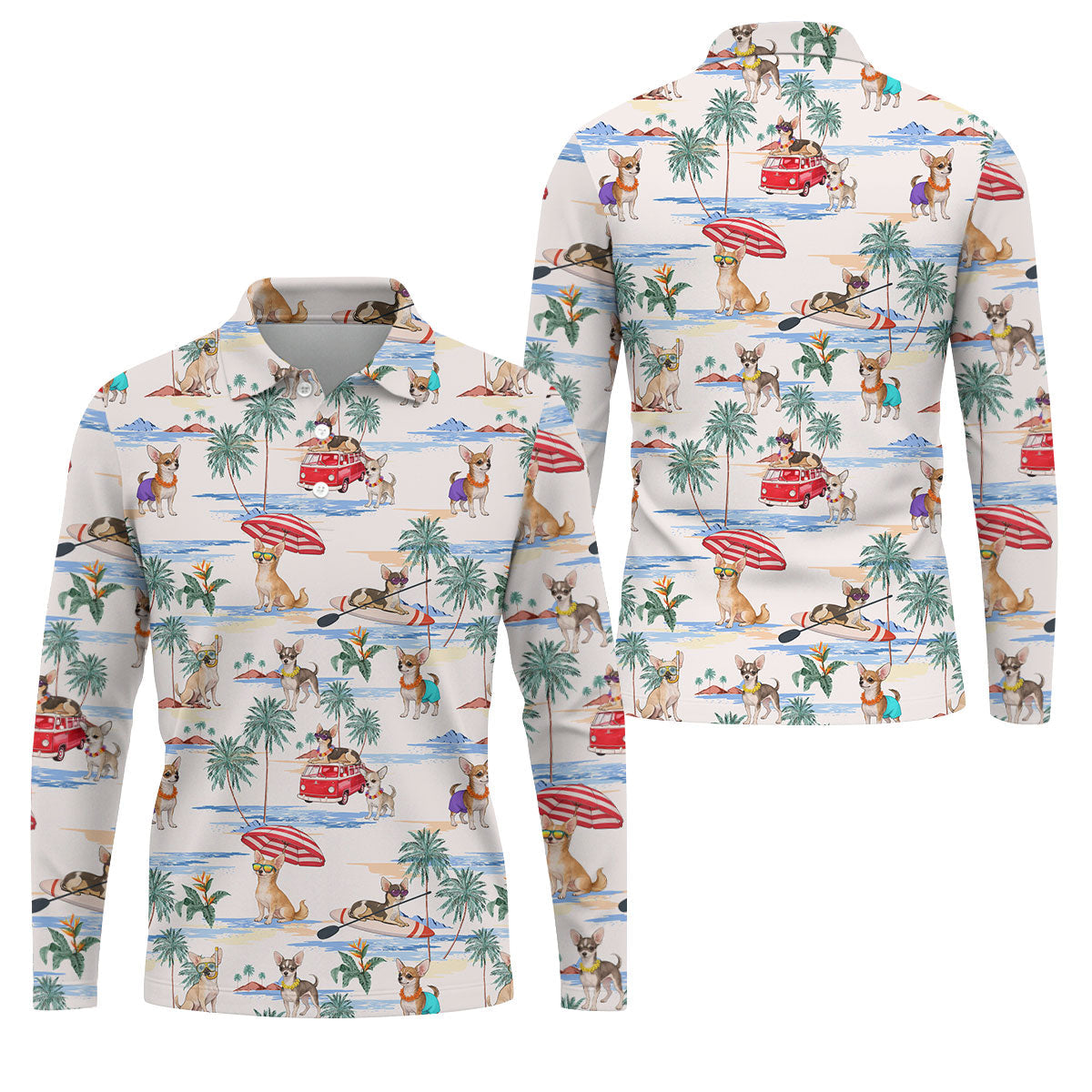 Summer Chihuahua Paradise Pattern Hawaiian Golf Polo, Golf Tops For Men, Golfing Apparel