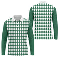 Green And White Argyle Pattern Retro Golf Shirt, Golf Tops For Men, Golf Shirts For Men, Polo For Men