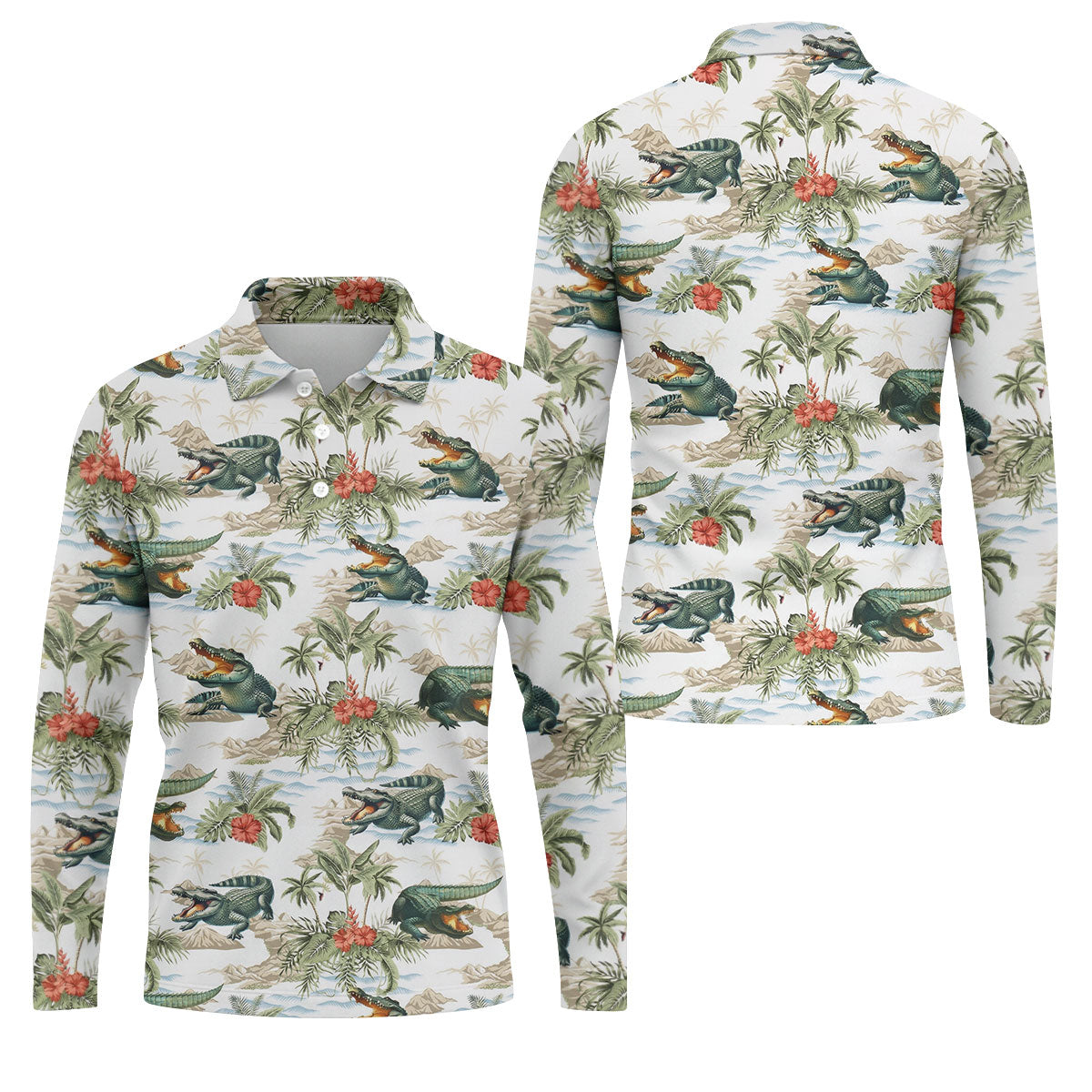 Tropical Coastal Alligator and Hibiscus Pattern Hawaiian Golf Polo, Golf Tops For Men, Golfing Apparel