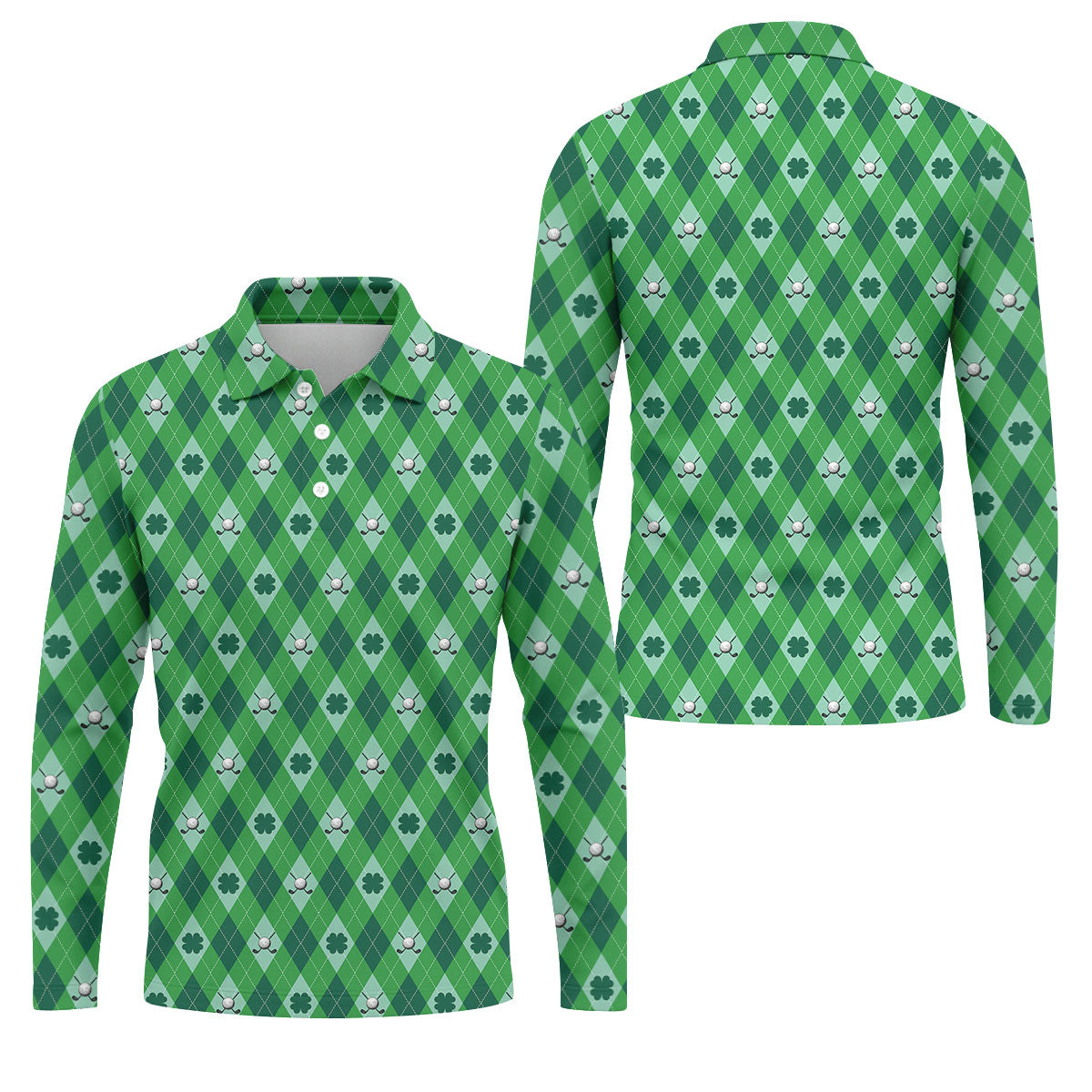 Lucky Four Leaf Clover Golf Ball Pattern Argyle Pattern St Patrick's Day Golf Shirt, Polo Shirts For Men