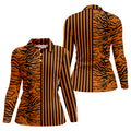 Orange Tiger Stripe Split Pattern Golf Shirt, Women's Golf Tops, Ladies Golf Shirts, Printed Golf Shirt