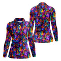 Psychedelic Cat Golf Shirt, Colorful Neon Cat Pattern, Polo Shirts For Women