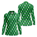 Green And White Lucky Four Leaf Clover Argyle Pattern St Patrick's Day Golf Shirt, Women's Golf Tops