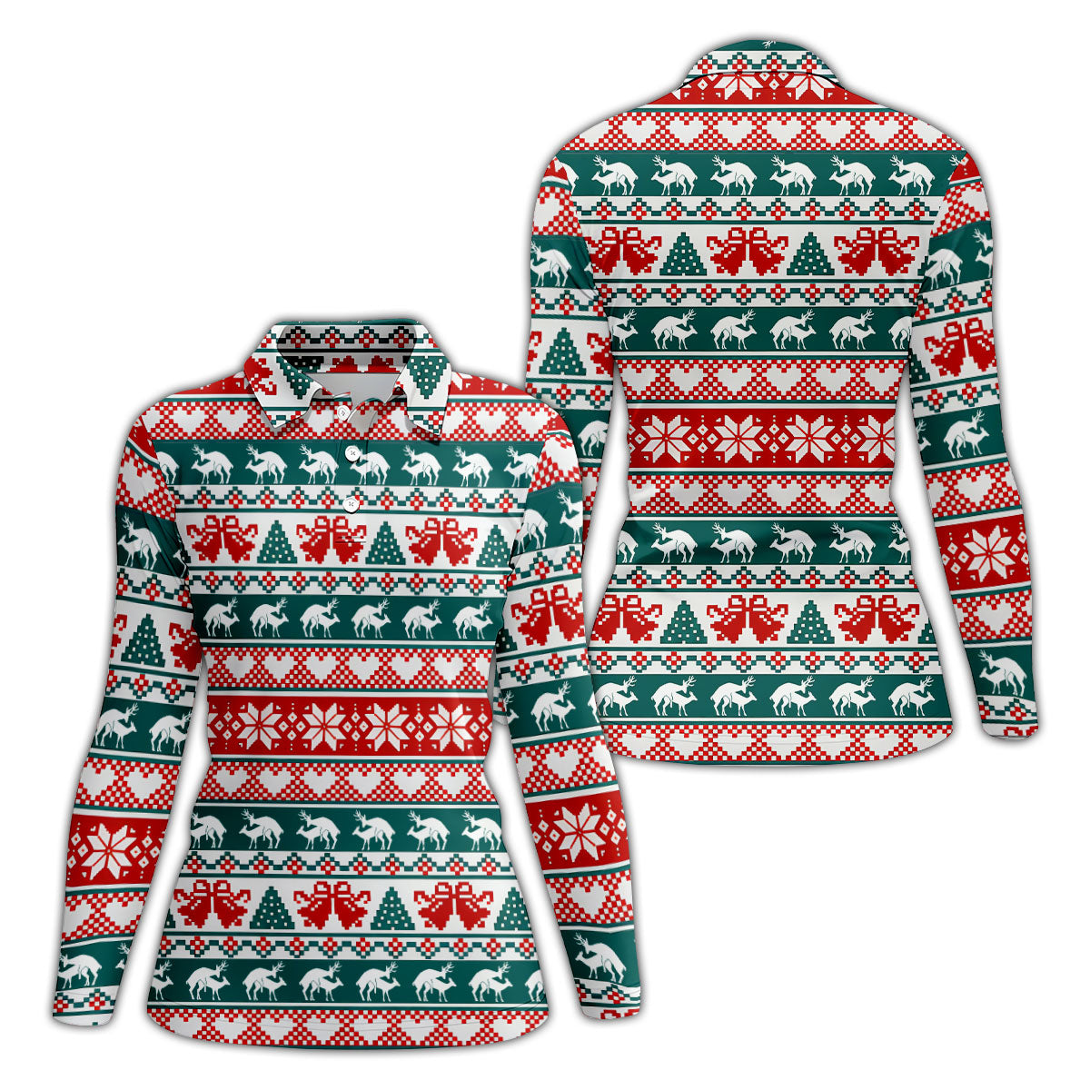 Christmas Reindeer Bells Snowflake Golf Polo Shirt, Women’s Golf Apparel, Ladies Golf Top
