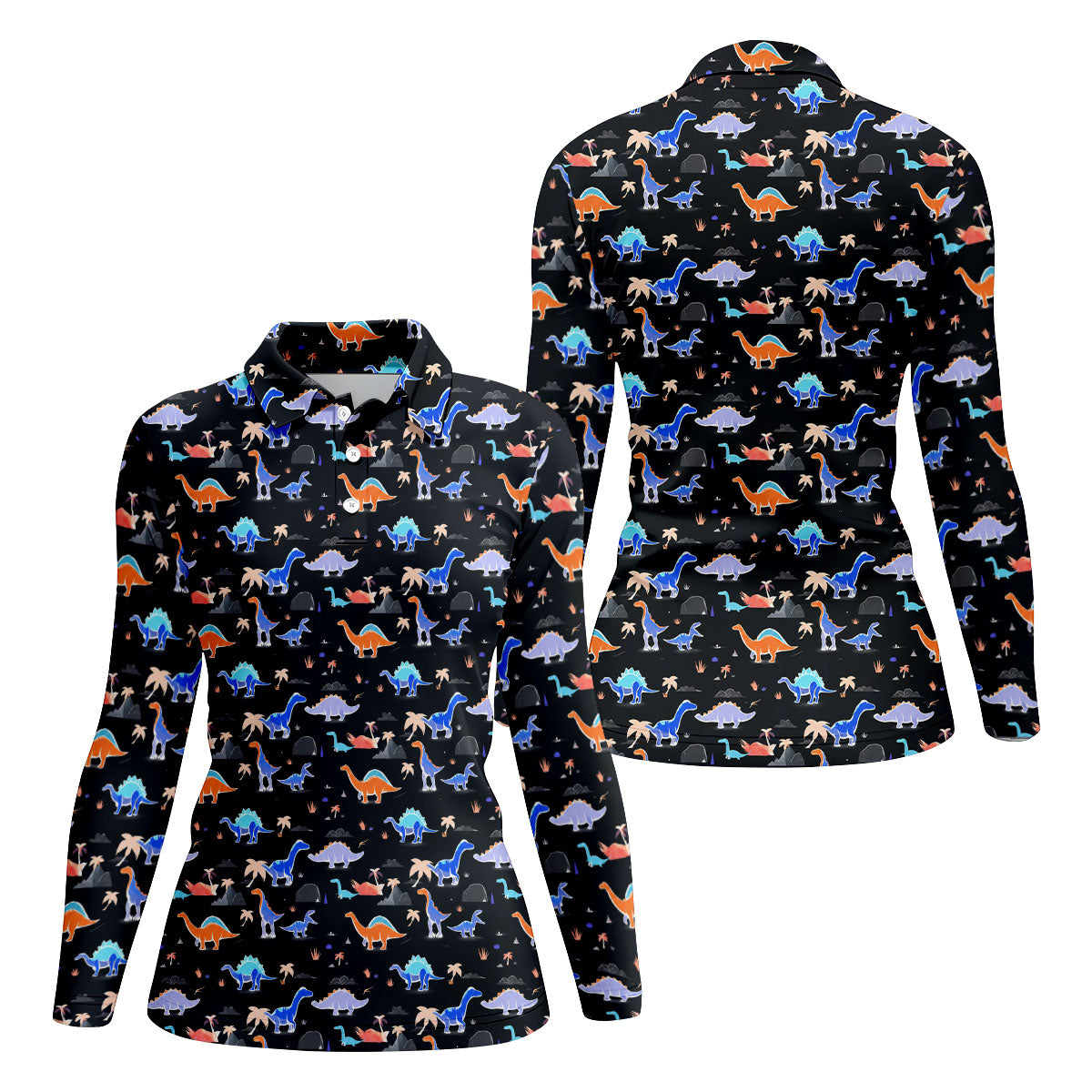Colorful Dinosaur Hawaiian Golf Shirt, Cute Golf Outfit, Women's Golf Tops, Ladies Golf Shirts