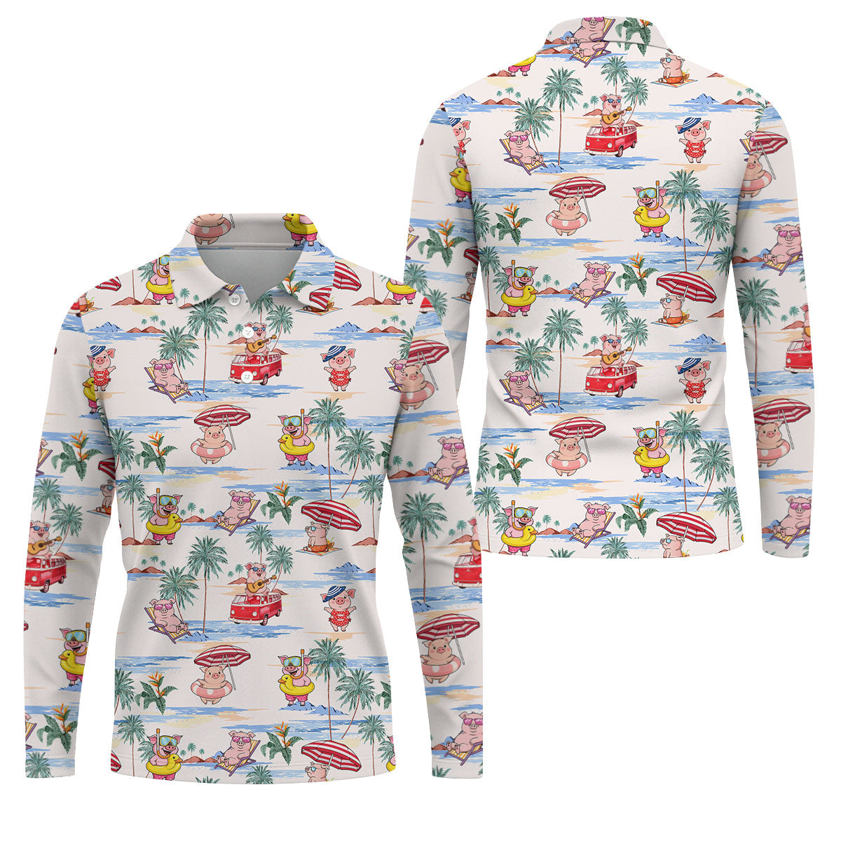 Cute Pig Beach Adventure Hawaiian Golf Polo, Golf Tops For Men, Golfing Apparel