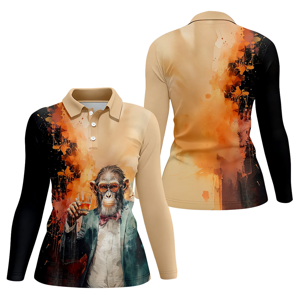Gentleman Monkey Whiskey Golden Sunset Hawaiian Golf Polo, Golf Tops For Women, Golfing Apparel