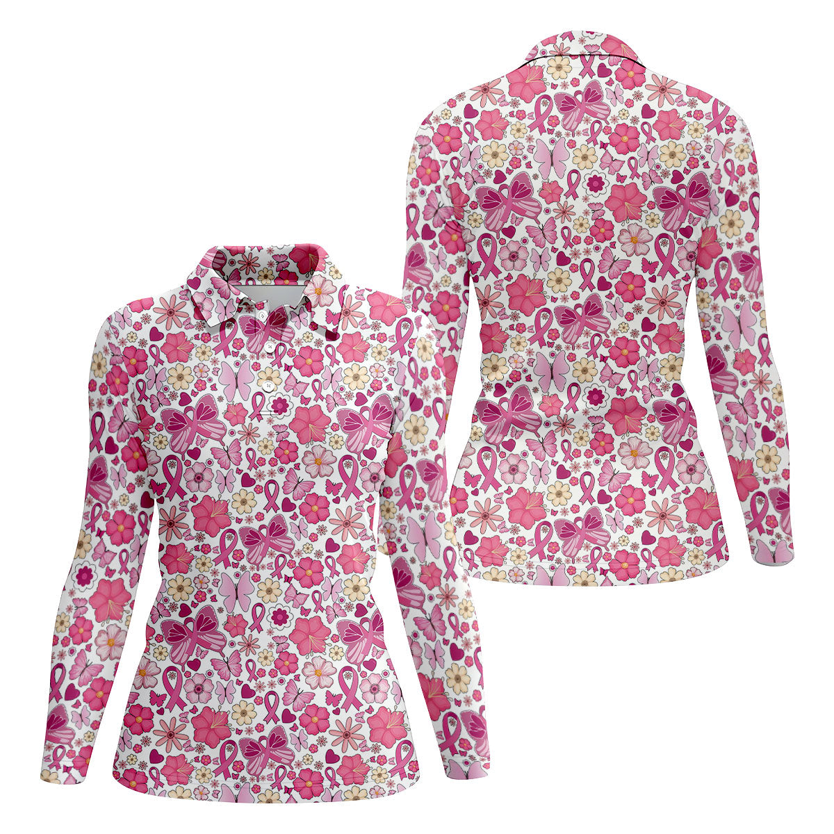 Breast Cancer Pink Ribbon Floral Golf Shirt, Cancer Awareness Shirt, Ladies Golf Polos, Golfing Apparel