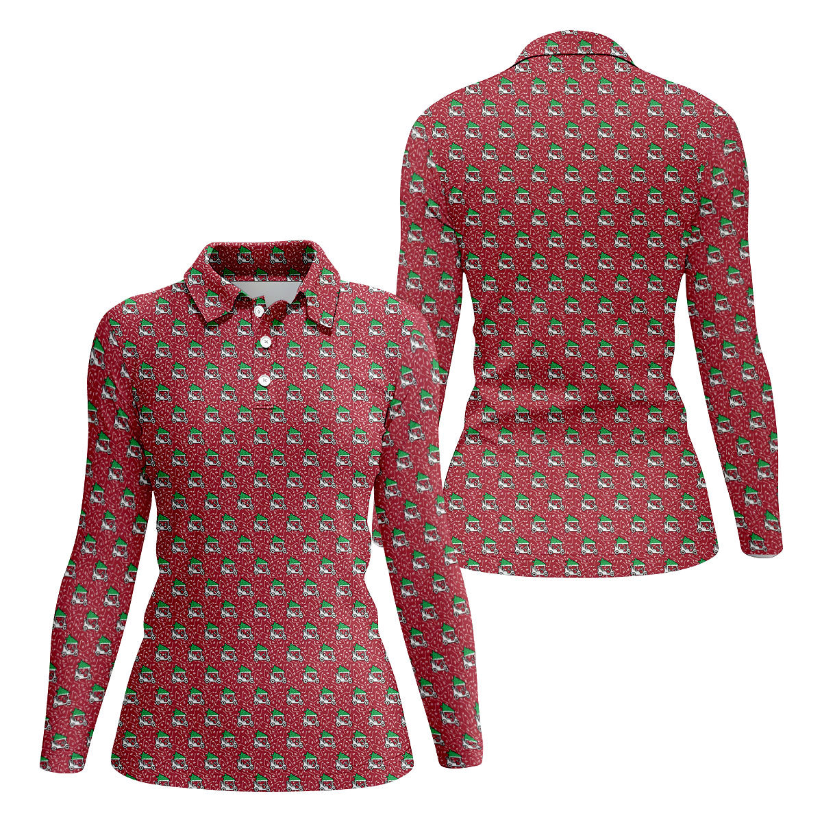 Christmas Golf Cart Pattern Red Women's Golf Tops, Christmas Golf Shirt, Polo Shirts For Women