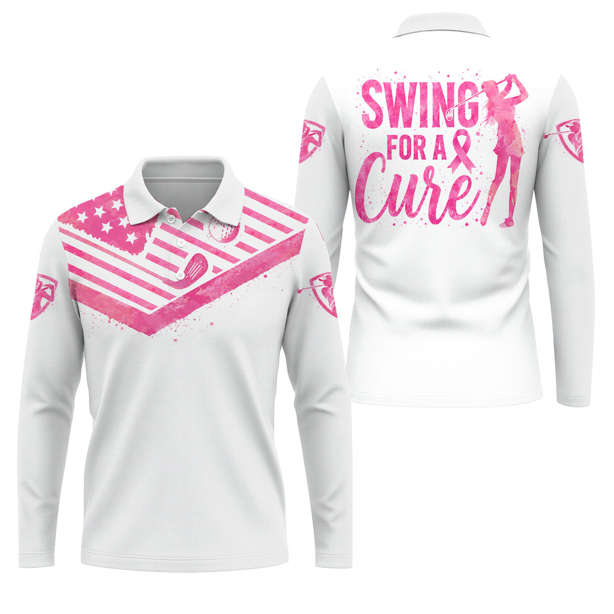 Swing For A Cure Pink Flag Breast Cancer Polo Shirt, Men's Golf Shirt, Printed Golf Shirts