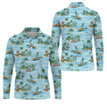 Green Alien Riding Waves on Tropical Island Beach Hawaiian Golf Polo, Golf Tops For Men, Golfing Apparel