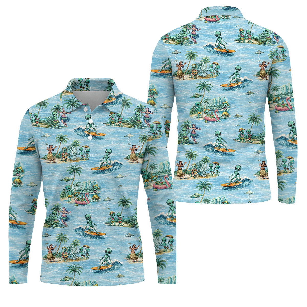 Green Alien Riding Waves on Tropical Island Beach Hawaiian Golf Polo, Golf Tops For Men, Golfing Apparel