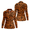 Bold Orange Black Tiger Stripe Animal Print Golf Shirt, Women Golf Shirts, Golf Apparel For Ladies